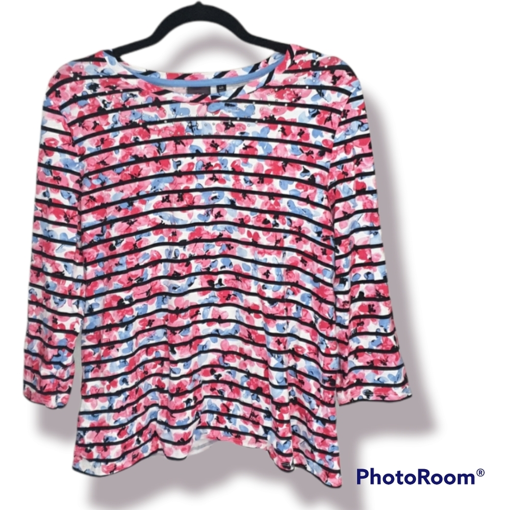 Rafaella floral striped 3/4 sleeve blouse with silver studded collar
